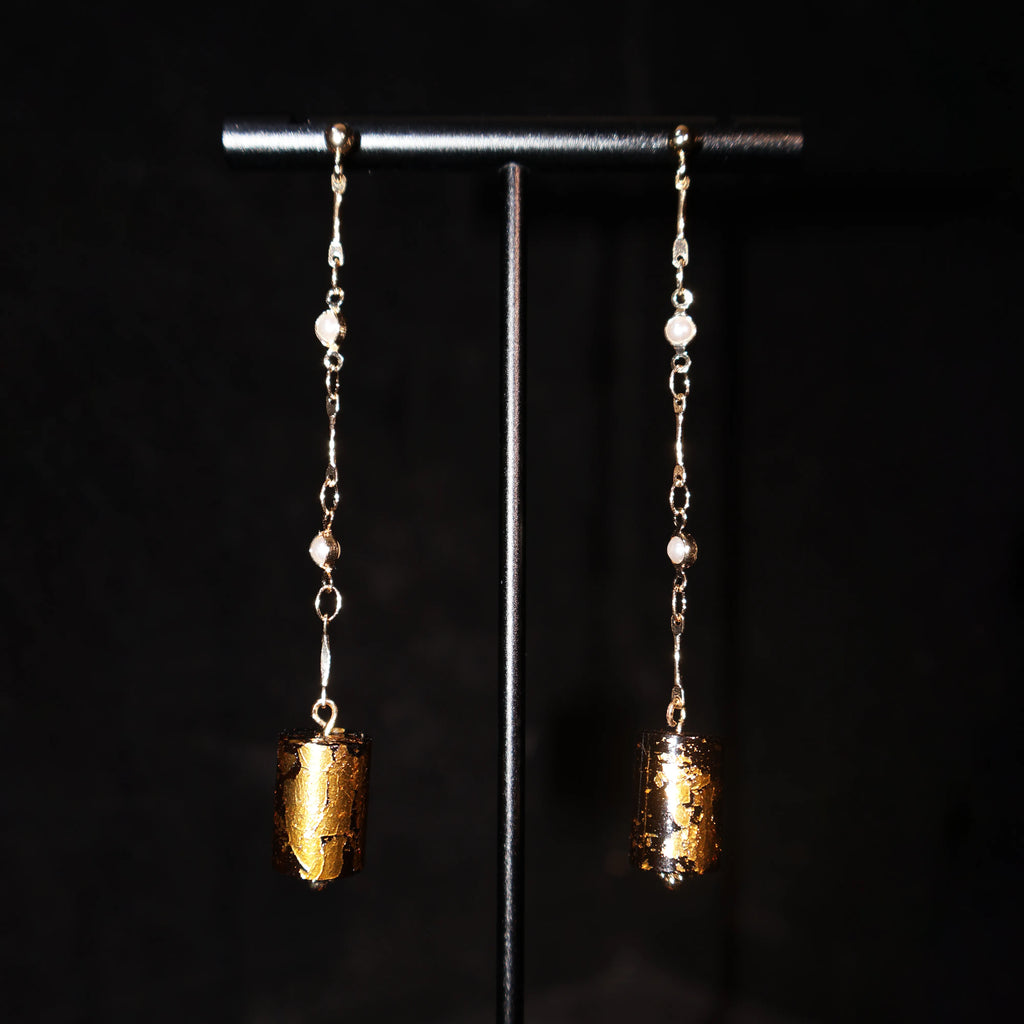 14K Gold Needle Long Chain Lacquer Dangle Earrings, Chinese Intangible Heritage Gold‑Leaf Cylinder Bead Earrings, Sandalwood Base Drop Earrings