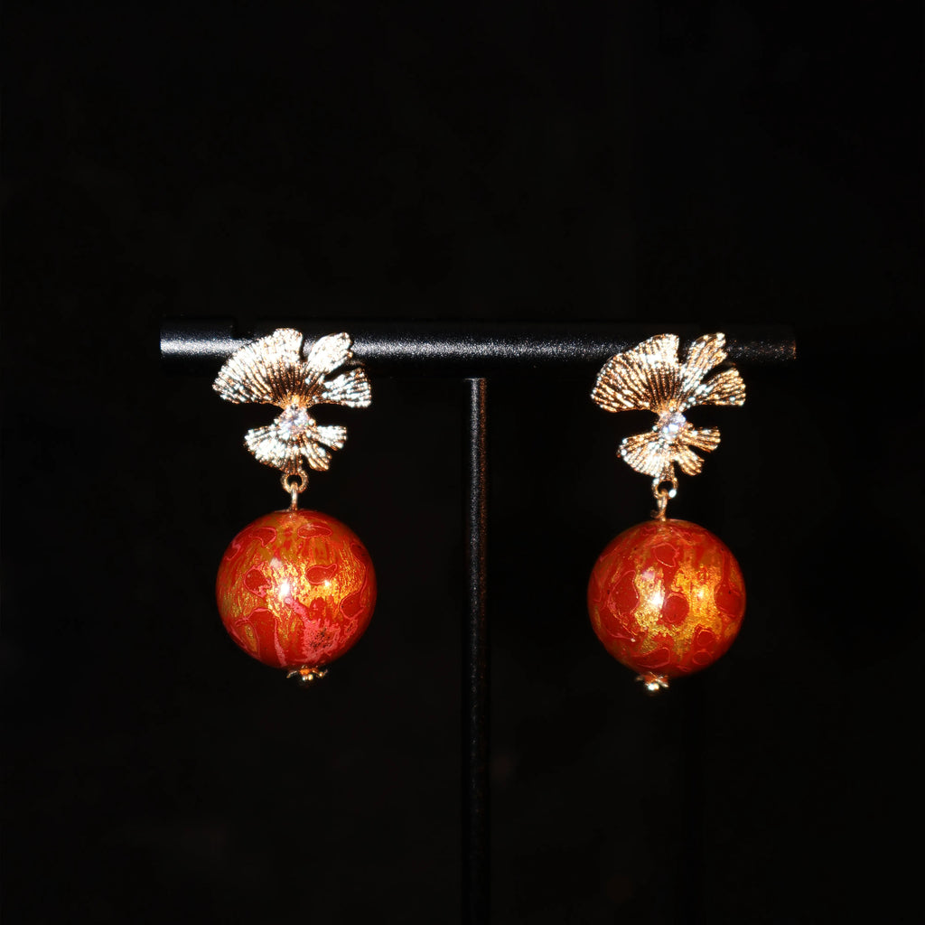 Heritage Chinese Xipi Lacquer Wearable Art Earrings | 14K Gold Oriental Ginkgo Jewelry