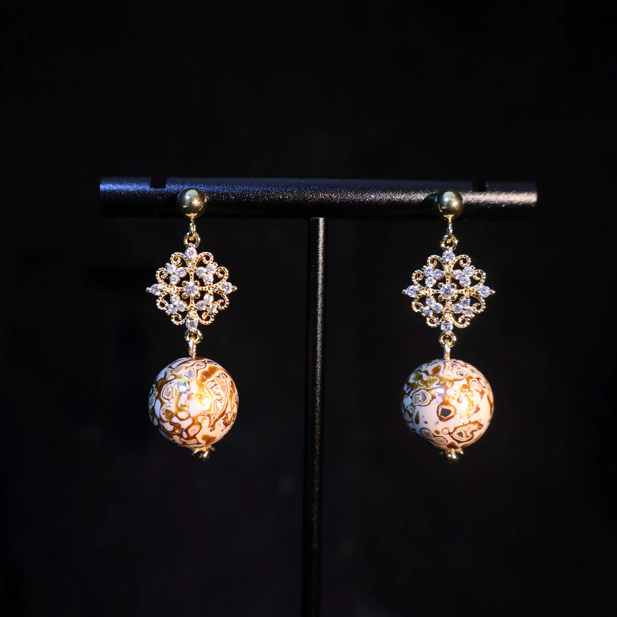 One of A Kind Xipi Raw Lacquer Drop Earrings | Mother of Pearl Inlay, 14K Gold Crystal Floral Detail